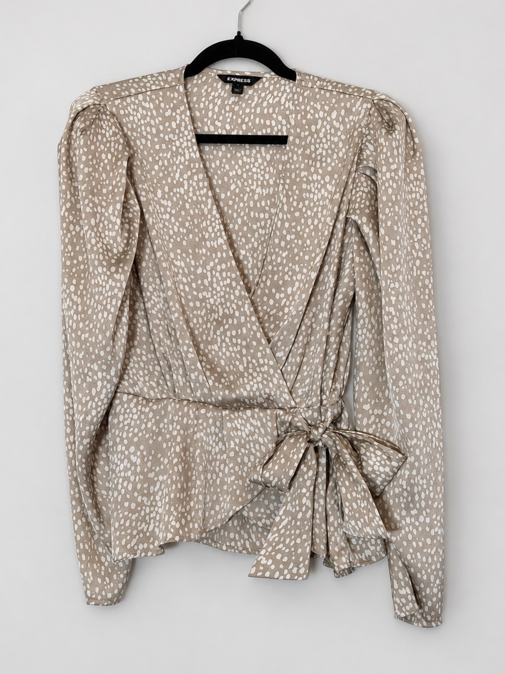Express M Taupe Spotted Satin Wrap Blouse Puff Sleeve Tie Waist